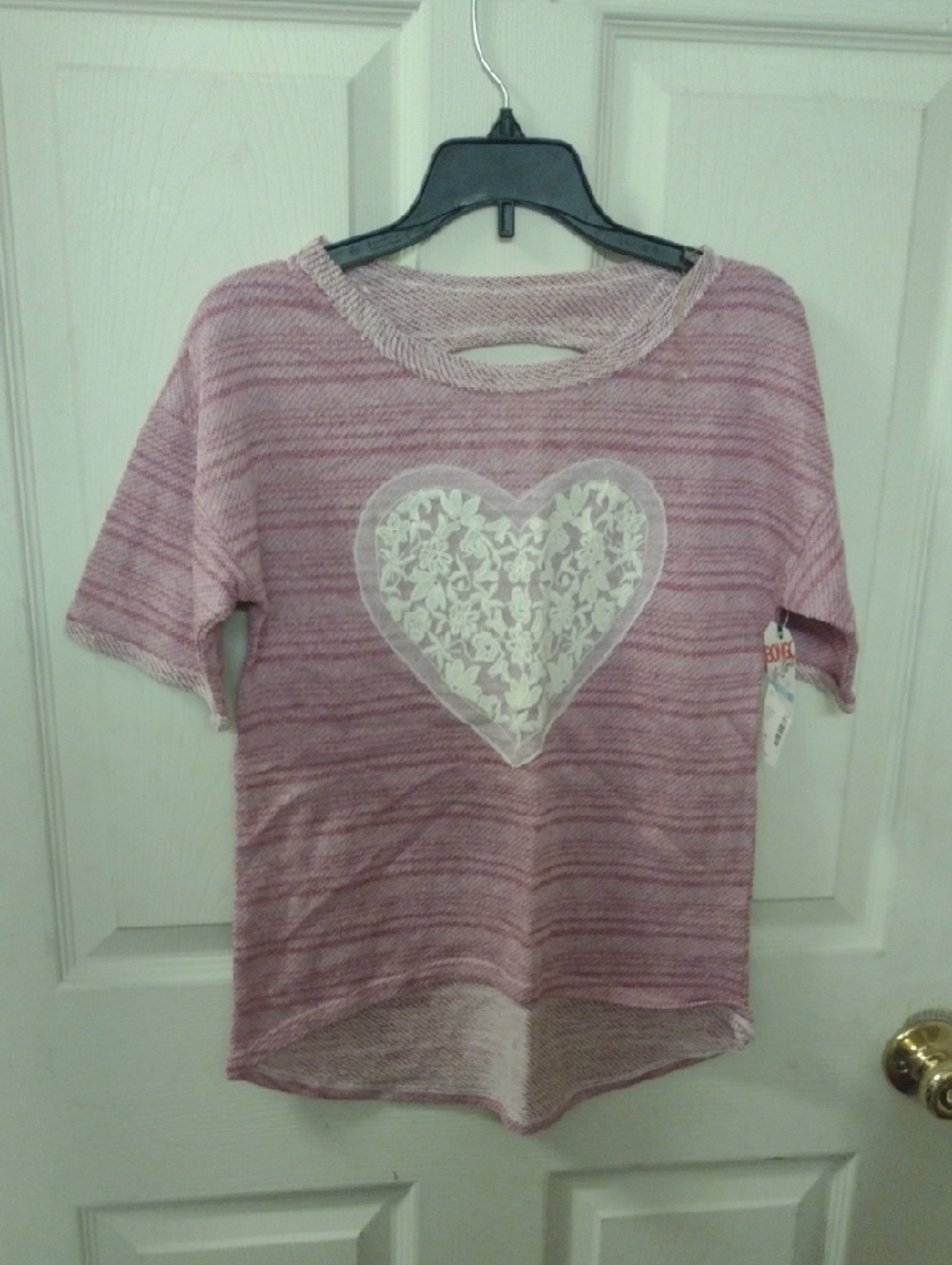 BONGO Girls Pink Striped Knit Top with White Heart Accent